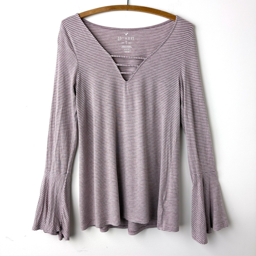 American Eagle Soft & Sexy Bell Sleeve Flare Striped Top Purple M Boho Indie Y2K
